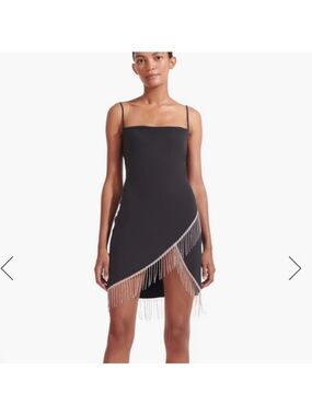 STAUD OLIVETTE Black Fringe-Trim Spaghetti Strap Mini Dress NWT